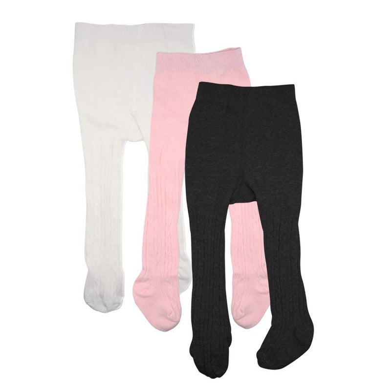 techcity Baby Girls Tights Toddler Seamless Leggings Cable Knit Cotton Pants Stockings (Pack of 3) (3 Pack Black White Pink, 3-12 Months) - Image 1